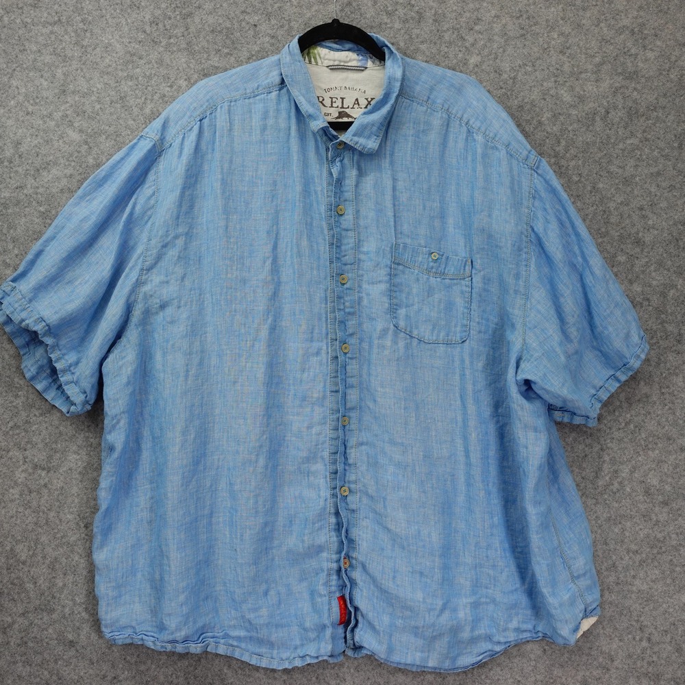 TOMMY BAHAMA Linen Shirt Mens Big 3X Blue Chambray Flax Hawaiian Camp Resort